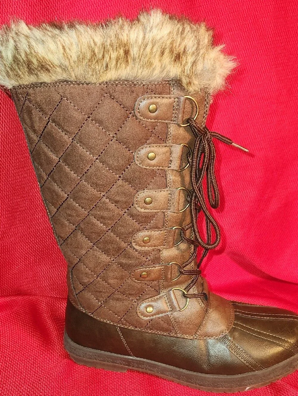 JustFab Brown Lace-Up Fur-Trim Winter Boots